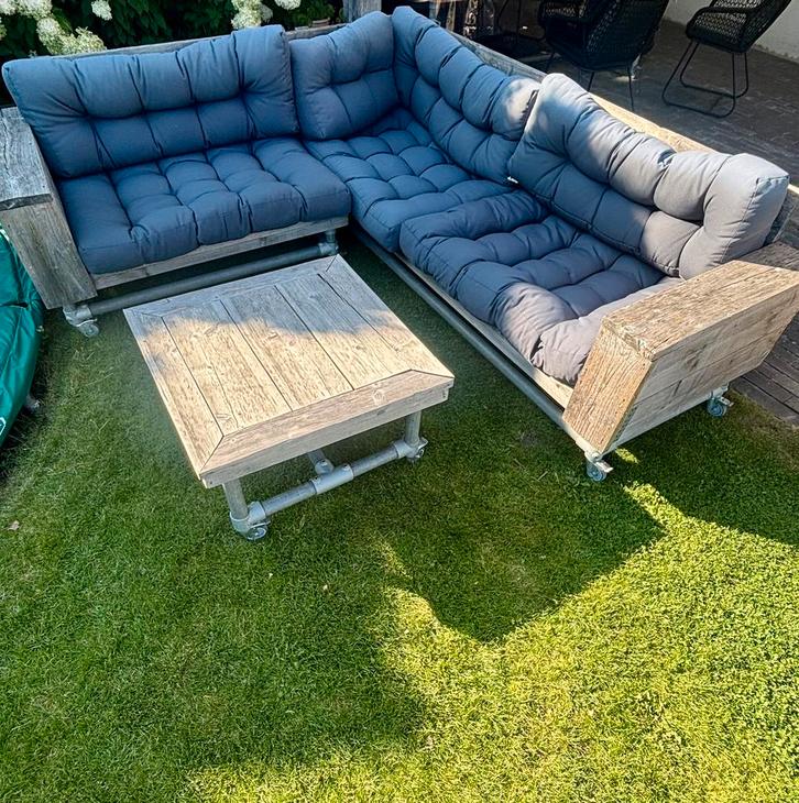 Loungeset steigerhout/ industrieel, Tuin en Terras, Tuinsets en Loungesets, Gebruikt, Loungeset, Steigerhout, 6 zitplaatsen, Bank