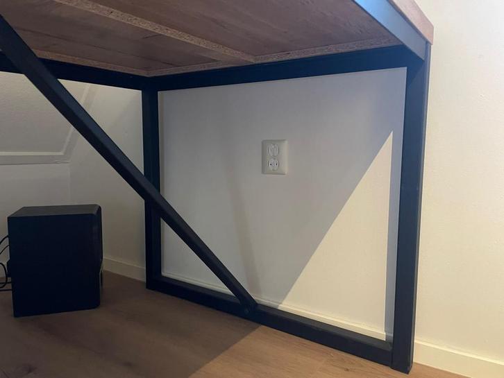 Stevige Eettafel / Bureau - Houtlook & Zwart Metaal, Huis en Inrichting, Tafelonderdelen, Gebruikt, Tafelblad, 150 tot 200 cm