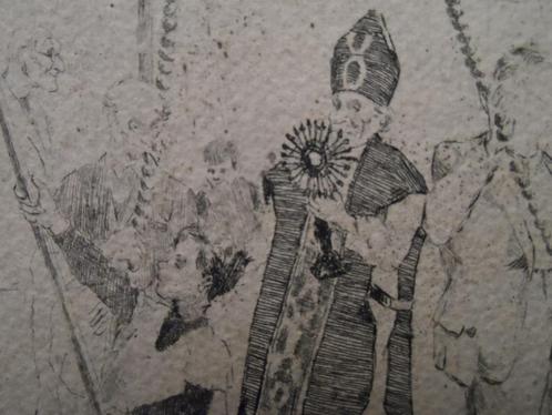 Gedetailleerde tekening kerkuitgang Bisschop met monstrans, Antiek en Kunst, Antiek | Religie, Ophalen of Verzenden