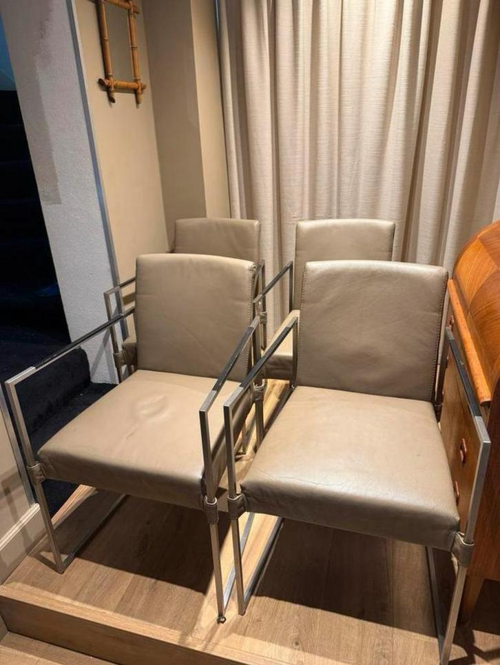 Set Bert Plantagie Clark Eetkamerstoelen in Taupe Leder, Huis en Inrichting, Stoelen, Gebruikt, Vier, Hout, Leer, Metaal, Bruin