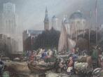 staalgravure Vismarkt Rotterdam met kerken, W. Floyd, 1845, Antiek en Kunst, Verzenden