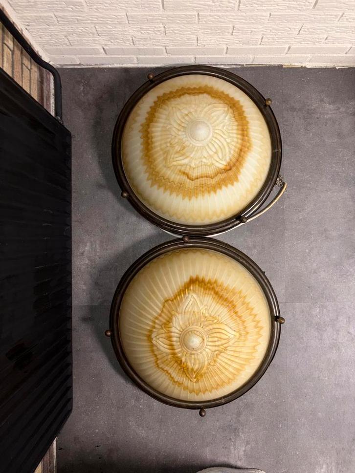 Art Deco Plafonnières - Set van 2, Huis en Inrichting, Lampen | Plafondlampen, Gebruikt, Glas, Ophalen