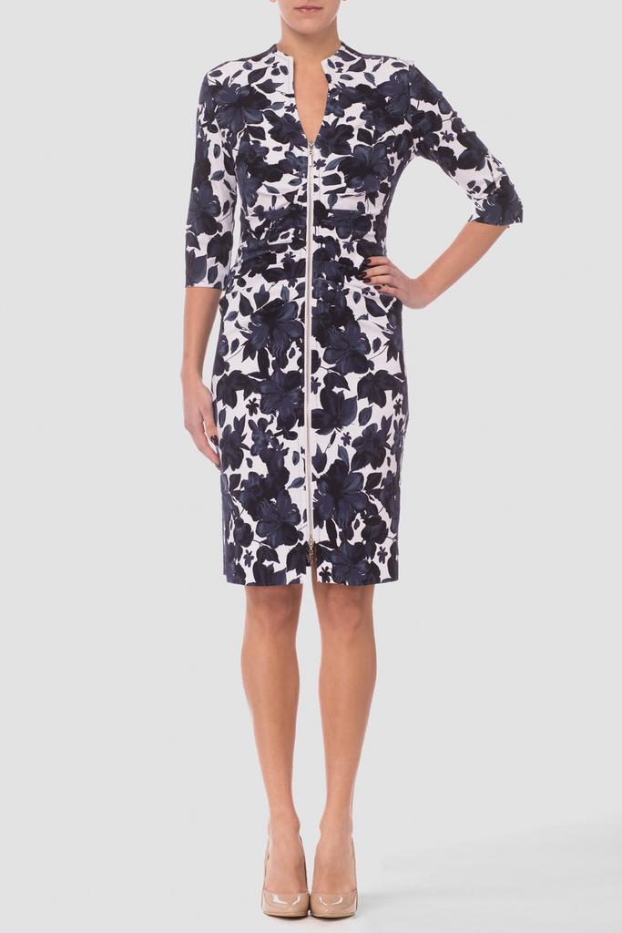 Ribkoff elegante stretchjurk blauw wit dessin lange rits 36, Kleding | Dames, Jurken, Nieuw, Maat 36 (S), Overige kleuren, Onder de knie