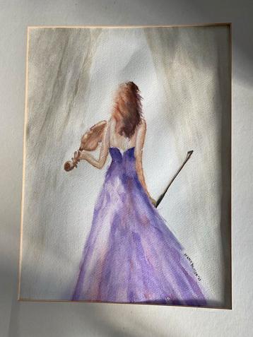 Aquarel Vrouw met Viool - Gesigneerd Kunstwerk 2023  Hennie  beschikbaar voor biedingen