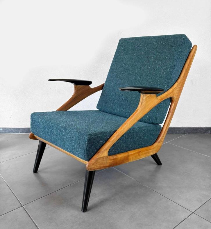 Vintage mid century Atomic fauteuil opnieuw gestoffeerd, Huis en Inrichting, Fauteuils, Gebruikt, Hout, Stof, 50 tot 75 cm, Ophalen
