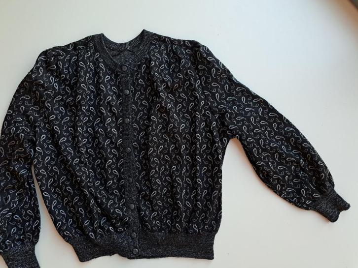 retro vintage vest, zwart met zilver print  36/38, Kleding | Dames, Truien en Vesten, Zo goed als nieuw, Maat 38/40 (M), Zwart