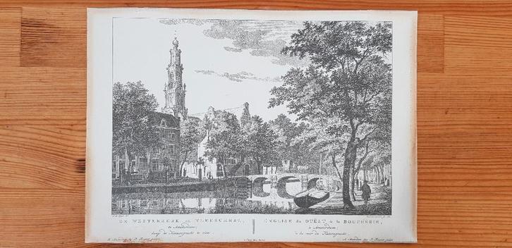 Prent (ets) 18e eeuw Amsterdam: Westerkerk en Keizersgracht, Antiek en Kunst, Kunst | Etsen en Gravures, Ophalen of Verzenden