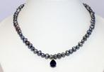 Prachtige 42 CM Sterling Zilver Zwarte Parel Ketting, Verzenden, Zilver, Ketting, Met edelsteen