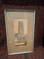Litho tekening laurenskerk rotterdam toren kerk schilderij, Antiek en Kunst, Ophalen