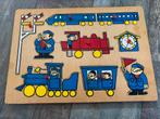 Vintage houten knoppuzzel met thema treinen, 2 tot 4 jaar, Gebruikt, Ophalen of Verzenden, Van hout