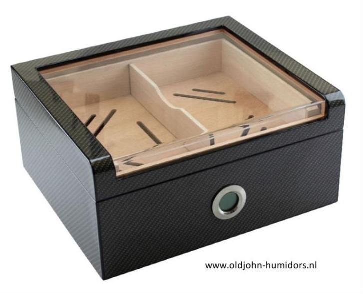 BOOKWILL HUMIDOR 75 CIGARENS GLASS TOP CARBON DIGITAAL   H06, Verzamelen, Rookartikelen, Aanstekers en Luciferdoosjes, Nieuw, Tabaksdoos of Verpakking
