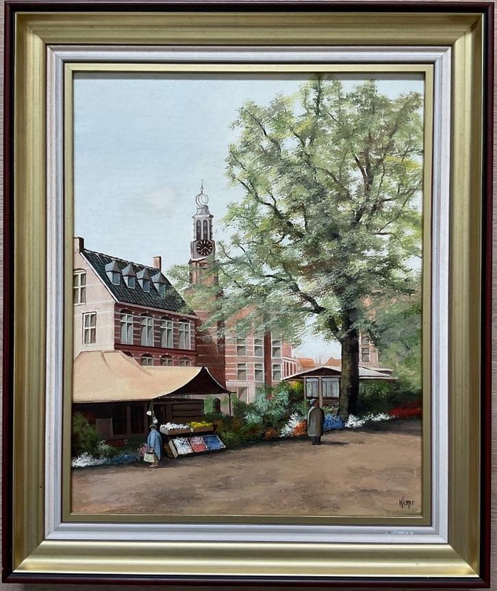 Lois Kapr (1922-2007) - Bloemenmarkt te Amsterdam, Antiek en Kunst, Kunst | Schilderijen | Klassiek, Ophalen of Verzenden