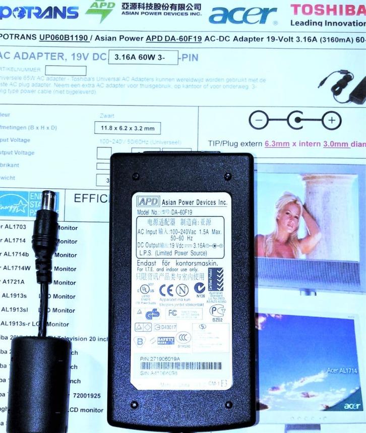 APD DA-60F19 19V 3.16A 60W AC Adapter 6.3x3.0mm UP060B1190, Computers en Software, Pc- en Netwerkkabels, Zo goed als nieuw, Ophalen of Verzenden