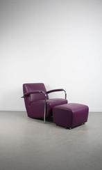 Leolux Scylla Fauteuil Laag + Hocker Paars Leer – Chroom, Niet ingevuld, Gebruikt, Niet ingevuld, 75 tot 100 cm