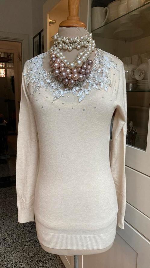 Roomwitte modal/viscose trui met kant/strass mt S, Kleding | Dames, Truien en Vesten, Nieuw, Maat 36 (S), Wit, Ophalen of Verzenden