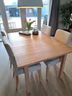 Massief houten eettafel + 4 stoelen (uittrekbaar), Gebruikt, 100 tot 150 cm, Scandinavisch, Ophalen of Verzenden