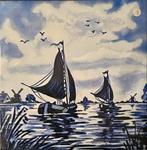 Delfts blauw tegeltje met zeilschepen, Ophalen of Verzenden