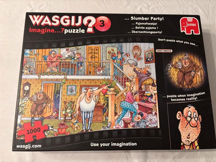 Jumbo Wasgij Imagine...? 3 - Pyjama feestje! Puzzel 1000 st!, Hobby en Vrije tijd, Denksport en Puzzels, Zo goed als nieuw, Legpuzzel