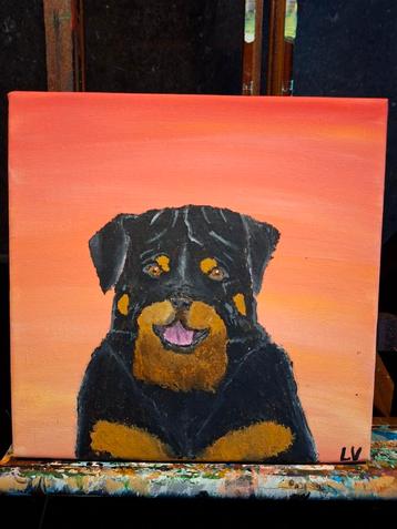 Rottweiler Schilderij - Handgeschilderd Canvas 20x20 beschikbaar voor biedingen