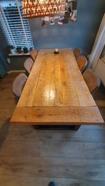 Robuste massief eiken eettafel. 220  90cm, Eikenhout, 200 cm of meer, Vijf personen of meer, Rechthoekig