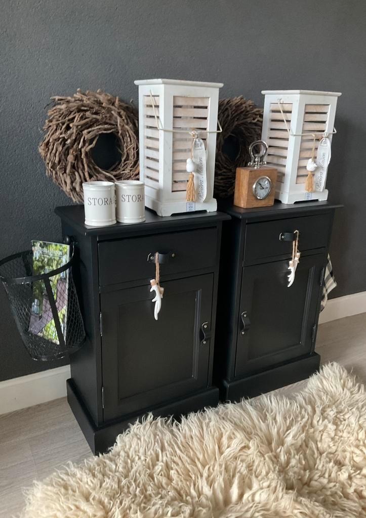 Nachtkastjes Black & Wood & Tuigleer Kastjes, Huis en Inrichting, Slaapkamer | Nachtkastjes, Zo goed als nieuw, Ophalen of Verzenden