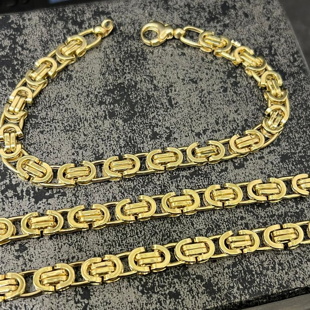 14 karaat gouden set koningsketting met armband plat schakel, Sieraden, Tassen en Uiterlijk, Kettingen, Ophalen of Verzenden, Nieuw