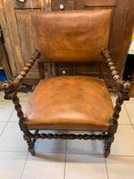 Antieke stoel leer met apenkoppen leuning, Ophalen, Gebruikt, Bruin, Leer