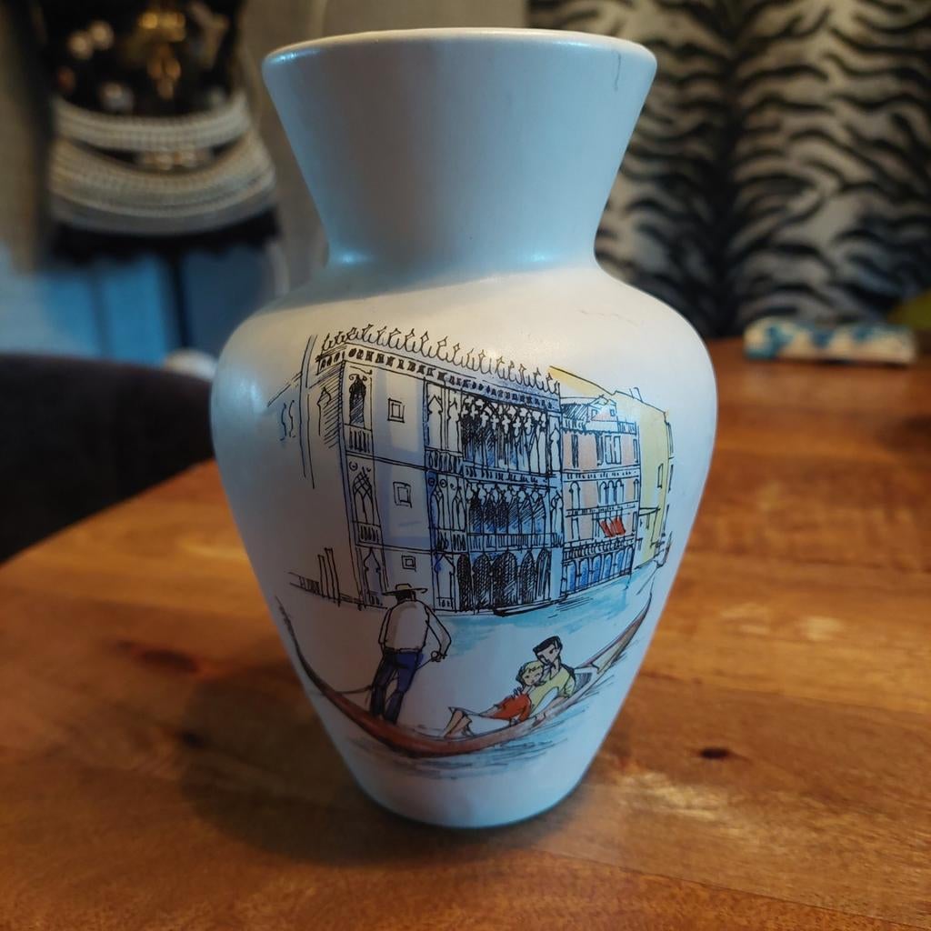 Vintage Jasba keramiek ,  Vaas met Venetië Afbeelding, Gebruikt, Wit, Aardewerk of Porselein, Ophalen of Verzenden