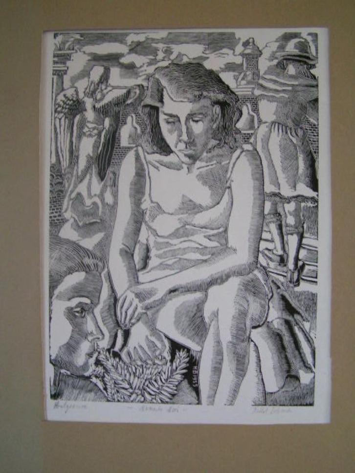 Hubert Bekman (unframed) "Memento Mori" houtgravure tekening, Antiek en Kunst, Kunst | Etsen en Gravures, Ophalen of Verzenden
