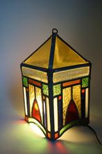 vintage glas lood lamp kleur hanglamp lantaarn vierhoek., Gebruikt, Ophalen of Verzenden, Vierkant, Vintage