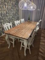 Mooie eettafel met steigerdelen blad en sierlijke poten, Gebruikt, 200 cm of meer, Landelijk, Vijf personen of meer