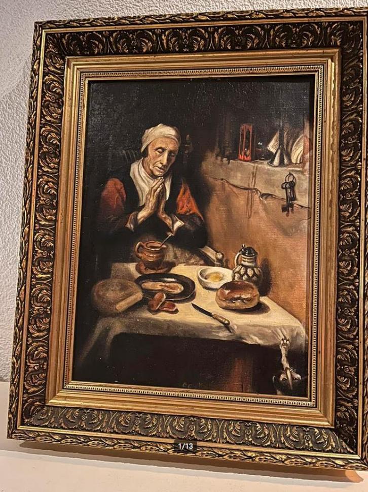 schilderij : Oude vrouw in Gebed in mooie lijst, Antiek en Kunst, Kunst | Schilderijen | Klassiek, Ophalen of Verzenden