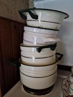 3 Oude pannen + vergiet, Huis en Inrichting, Keuken | Potten en Pannen, Ophalen, Gebruikt, Gietijzer, Pannenset