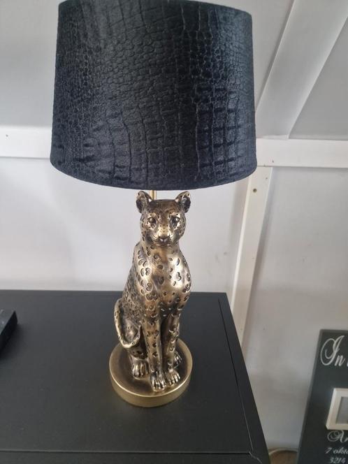 Lampenvoet luipaard goudkleurig + lampenkap zwart velvet, Huis en Inrichting, Lampen | Tafellampen, Zo goed als nieuw, Minder dan 50 cm