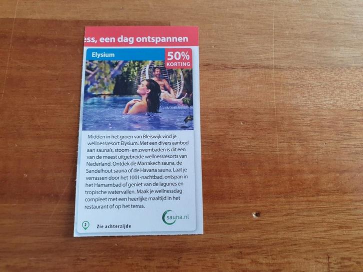 Sauna bon Elysium Bleiswijk, Tickets en Kaartjes, Kortingen en Cadeaubonnen, Drie personen of meer, Spa of Sauna, Kortingsbon