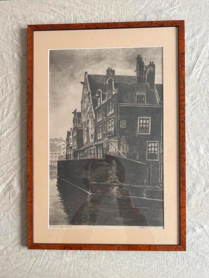 Antieke ets Grimmelse sluis Amsterdam/gesigneerd, Antiek en Kunst, Kunst | Etsen en Gravures, Ophalen