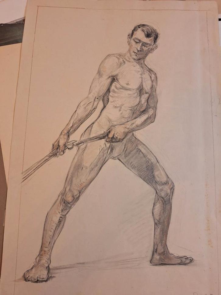 Figuurstudie tekening van mannelijk naakt, Antiek en Kunst, Kunst | Tekeningen en Foto's, Ophalen of Verzenden