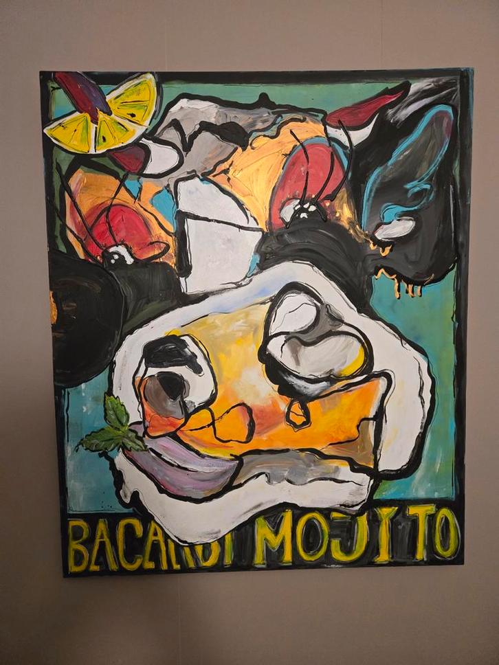 Bacardi Mojito Schilderij - Origineel Acryl op Doek 140x100, Antiek en Kunst, Kunst | Schilderijen | Klassiek, Ophalen of Verzenden