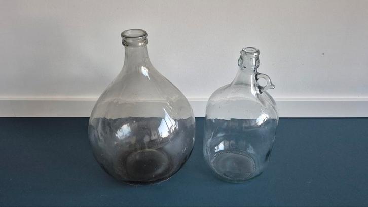 Vintage Glazen Flessen, gistfles, wijnfles, buikfles, Huis en Inrichting, Woonaccessoires | Vazen, Gebruikt, Overige kleuren, 75 cm of meer