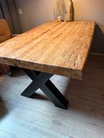 Stoere robuuste teak houten tafel met zwarte stalen x Poot, Ophalen, Teakhout, 50 tot 100 cm, Zo goed als nieuw