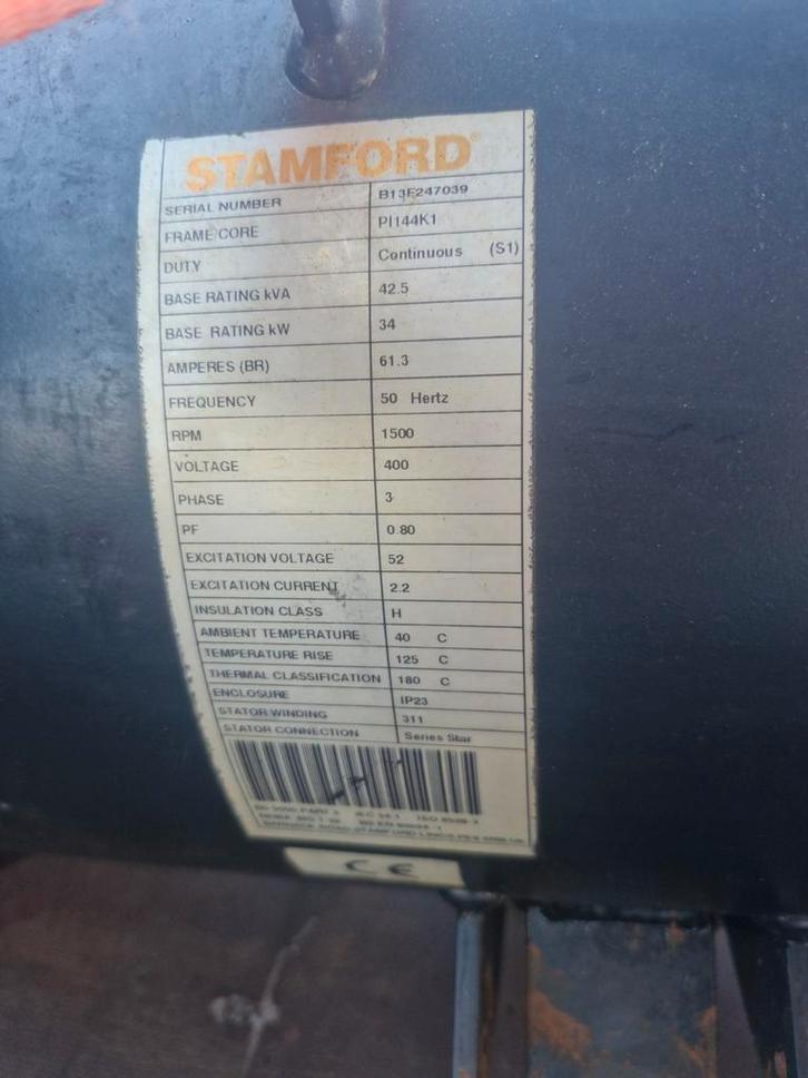 Stamford Generator 42.5 kVA, Doe-het-zelf en Verbouw, Motoren, Gebruikt, Elektromotor, 1400 tot 1800 rpm, Ophalen of Verzenden