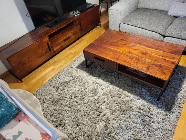 TV-meubel en salontafel – massief hardhout & metaal, Huis en Inrichting, Kasten | Televisiemeubels, Zo goed als nieuw, Minder dan 100 cm