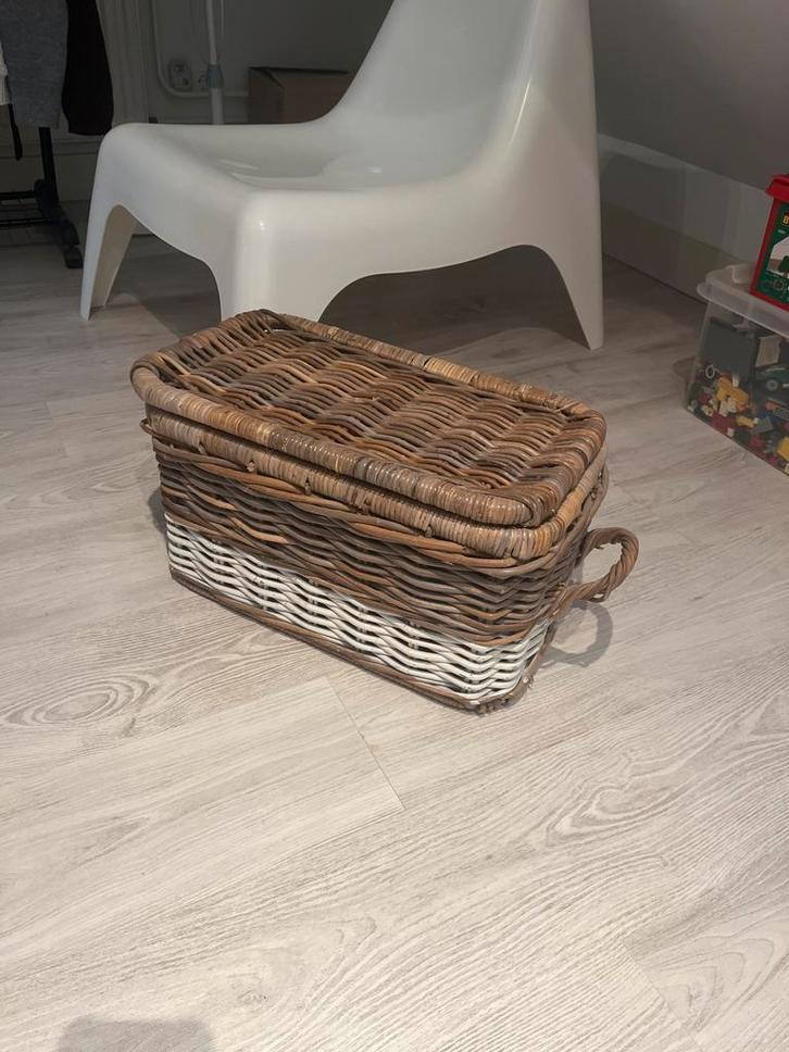 Rieten mand met scharnierdeksel, Huis en Inrichting, Woonaccessoires | Schalen en Manden, Gebruikt, Mand, Rechthoekig, Riet, Ophalen