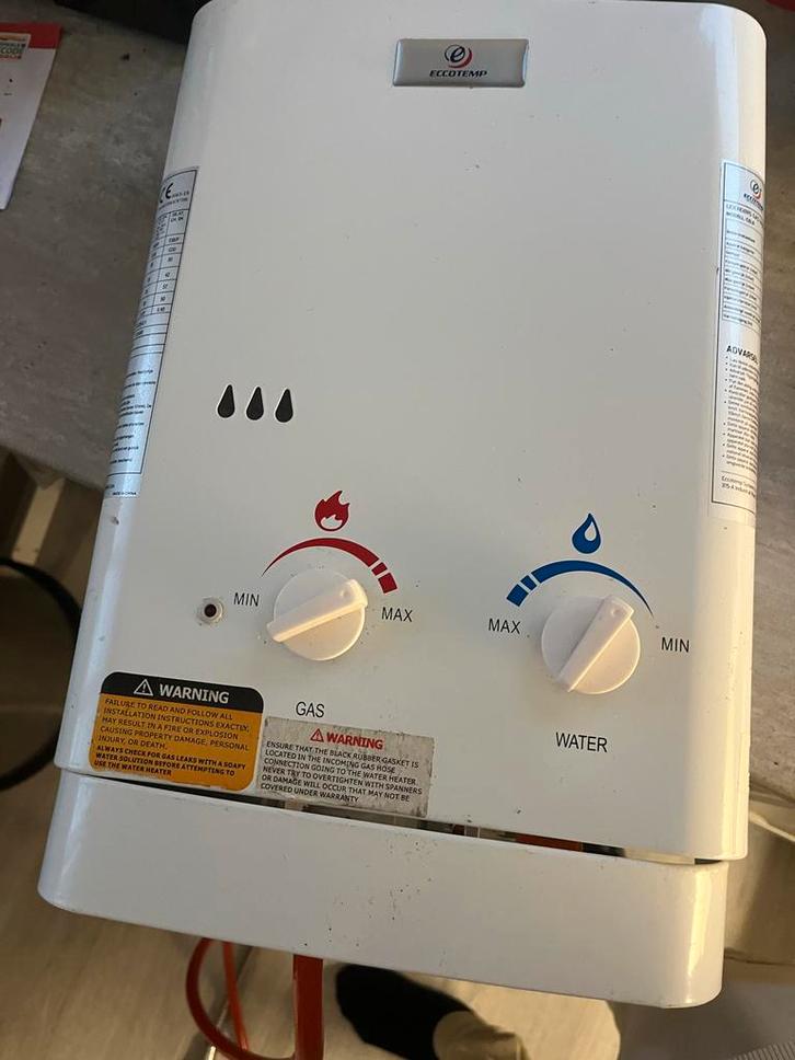 Eccotemp Buitengeiser op Gas - Direct Warm Water!, Doe-het-zelf en Verbouw, Geisers en Boilers, Gebruikt, Geiser, Propaan of Butaan
