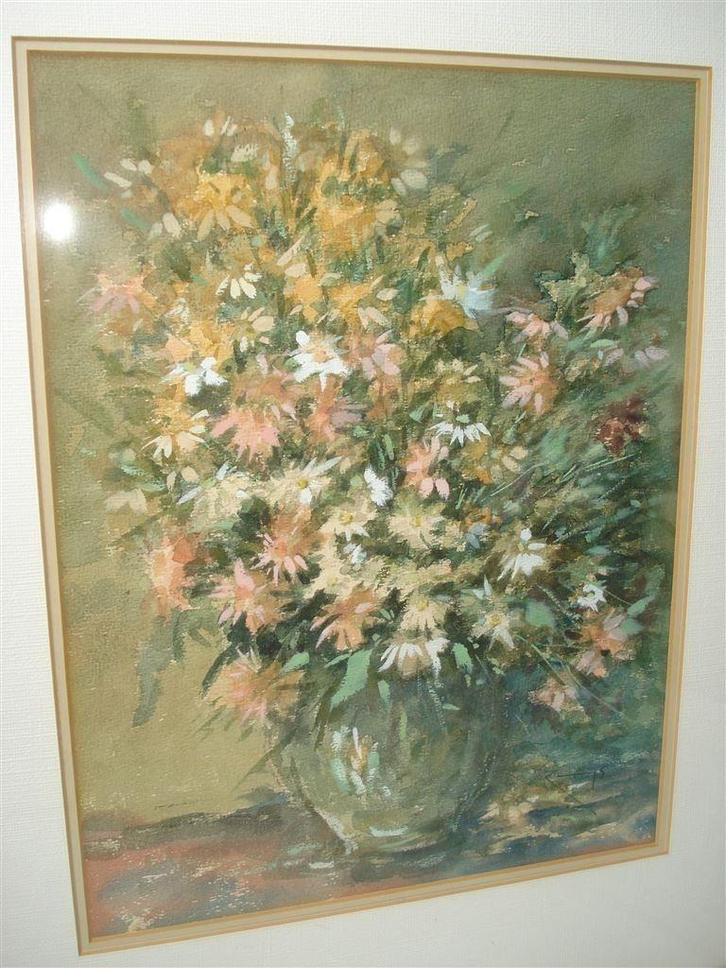 Boeket bloemen, gouache, gesigneerd, Antiek en Kunst, Kunst | Schilderijen | Klassiek, Ophalen of Verzenden