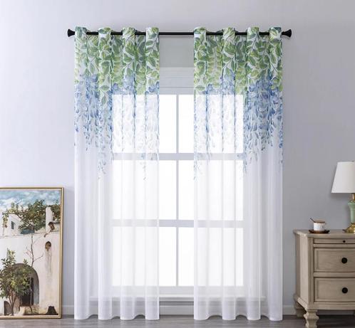 Witte Inbetween Gordijnen Met Blauw Groene Bladeren Vitrage, Huis en Inrichting, Stoffering | Gordijnen en Lamellen, Nieuw, Wit