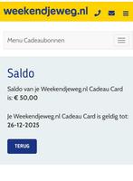 Weekendjeweg waardebon 50 euro, Tickets en Kaartjes, Kortingen en Cadeaubonnen, Eén persoon, Cadeaubon