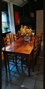 Teakhouten tafel met 6 houten knopstoelen, Gebruikt, Rechthoekig, Ophalen, Vijf personen of meer