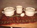 Emaille set beige groene bies 2 kookpan melkkan + soeplepel, Antiek en Kunst, Ophalen