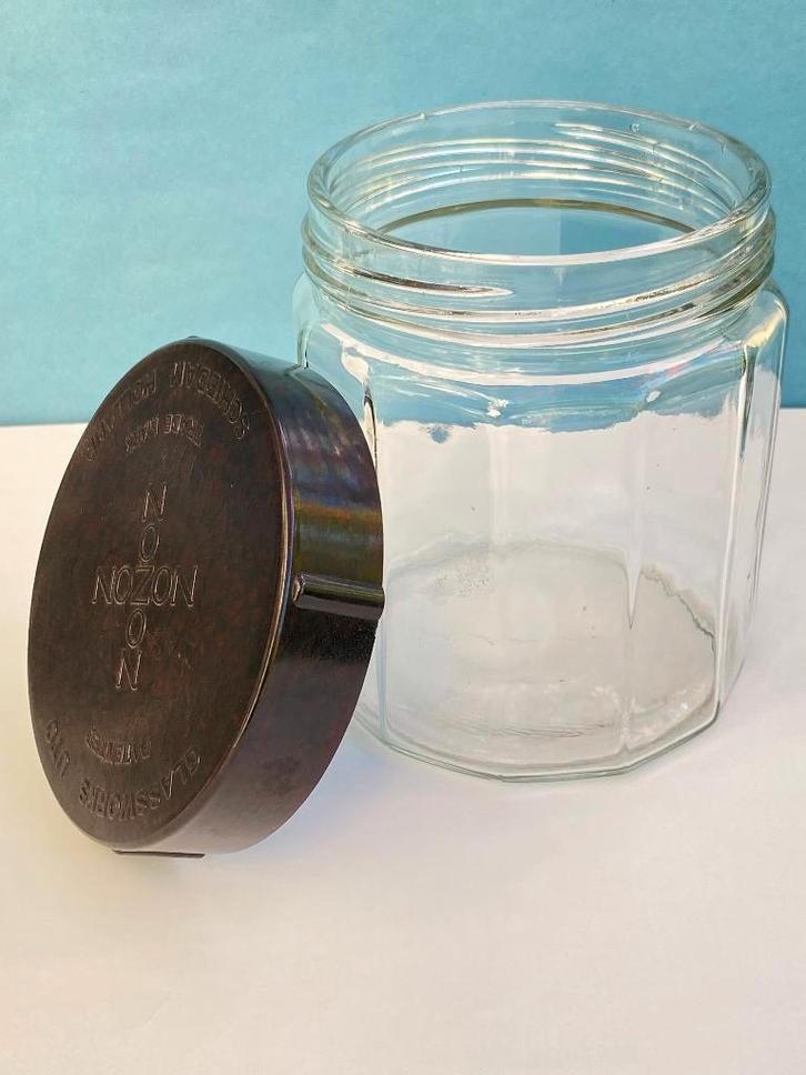 Antieke Nozon glazen pot tabakspot met bakelieten deksel, Antiek en Kunst, Curiosa en Brocante, Ophalen of Verzenden